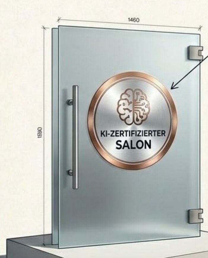 Glastür eines Salons mit dem Aufkleber „KI-zertifizierter Salon“